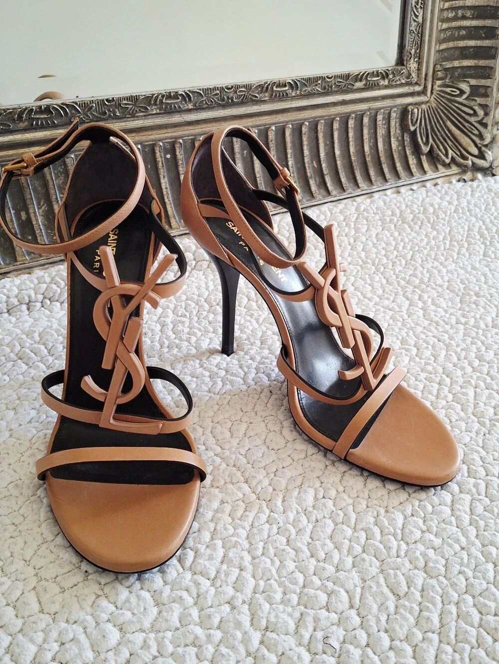 SAINT LAURENT Cassandra High Heel Sandals Gold Brown EU 38 US 8 Org $1,350 - Picture 7 of 16